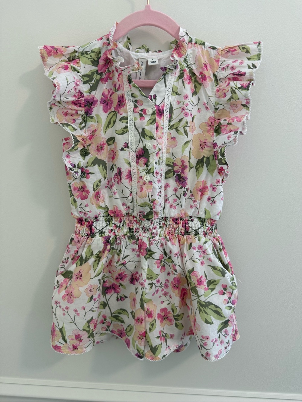 Janie & Jack White Floral Girls Romper with Pink & Green Accents 5T 100% cotton